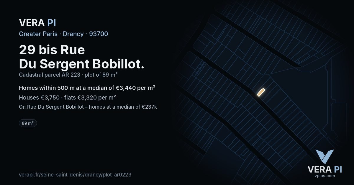 29 bis Rue Du Sergent Bobillot, Drancy at night – the plot lit, the parcels around coloured by the prices near them