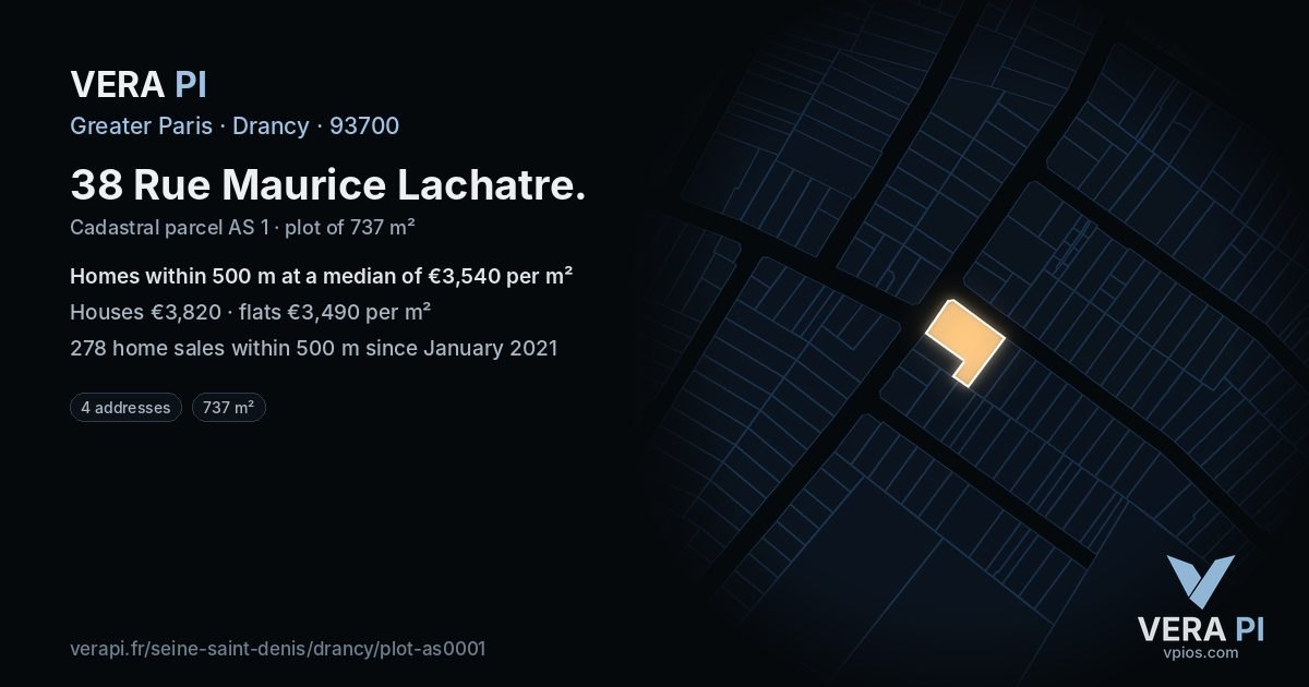 38 Rue Maurice Lachatre, Drancy at night – the plot lit, the parcels around coloured by the prices near them