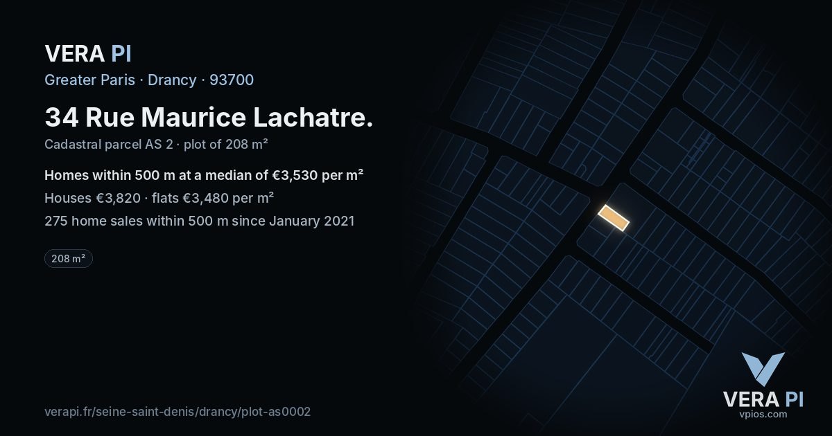 34 Rue Maurice Lachatre, Drancy at night – the plot lit, the parcels around coloured by the prices near them