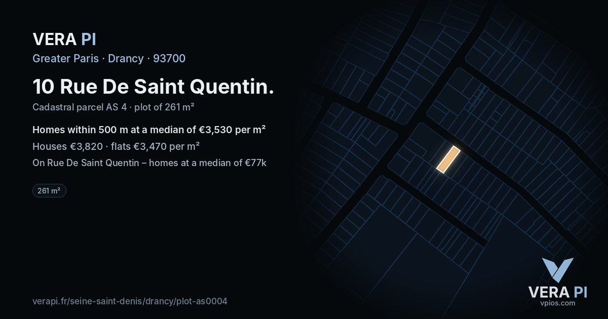 10 Rue De Saint Quentin, Drancy at night – the plot lit, the parcels around coloured by the prices near them