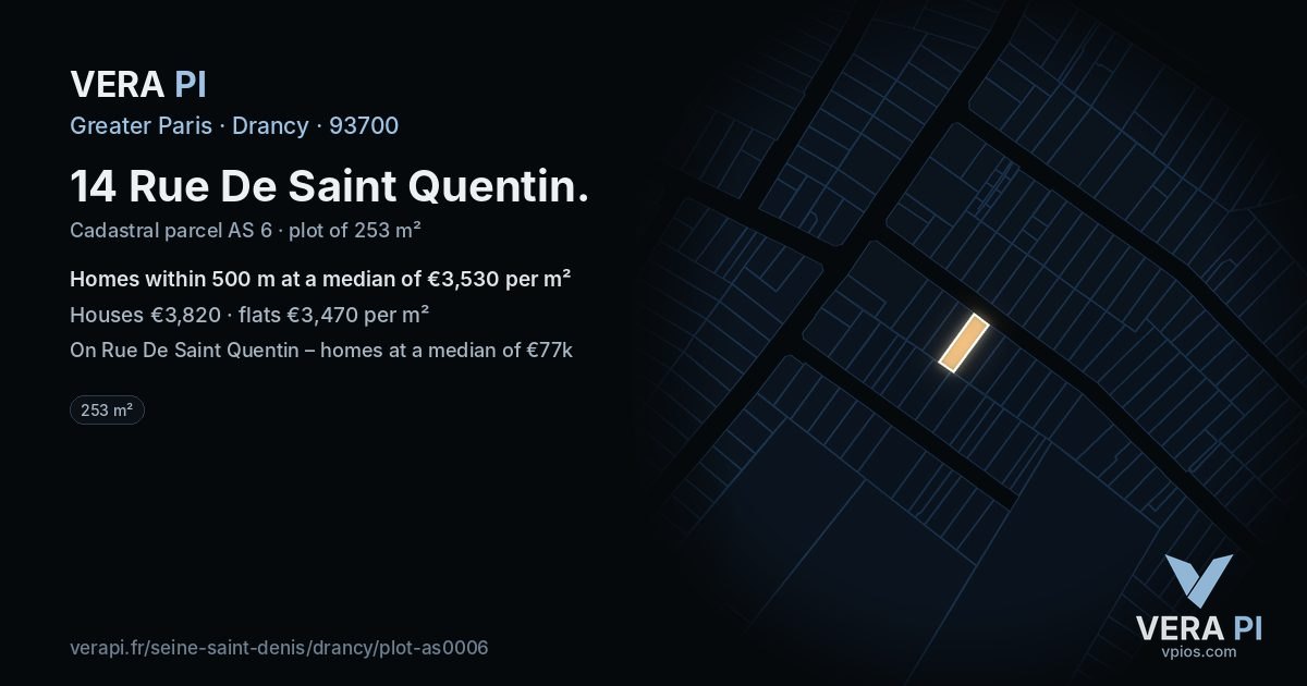 14 Rue De Saint Quentin, Drancy at night – the plot lit, the parcels around coloured by the prices near them