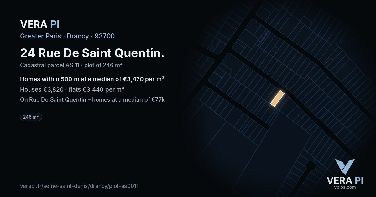 24 Rue De Saint Quentin, Drancy at night – the plot lit, the parcels around coloured by the prices near them