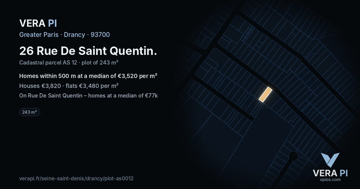 26 Rue De Saint Quentin, Drancy at night – the plot lit, the parcels around coloured by the prices near them