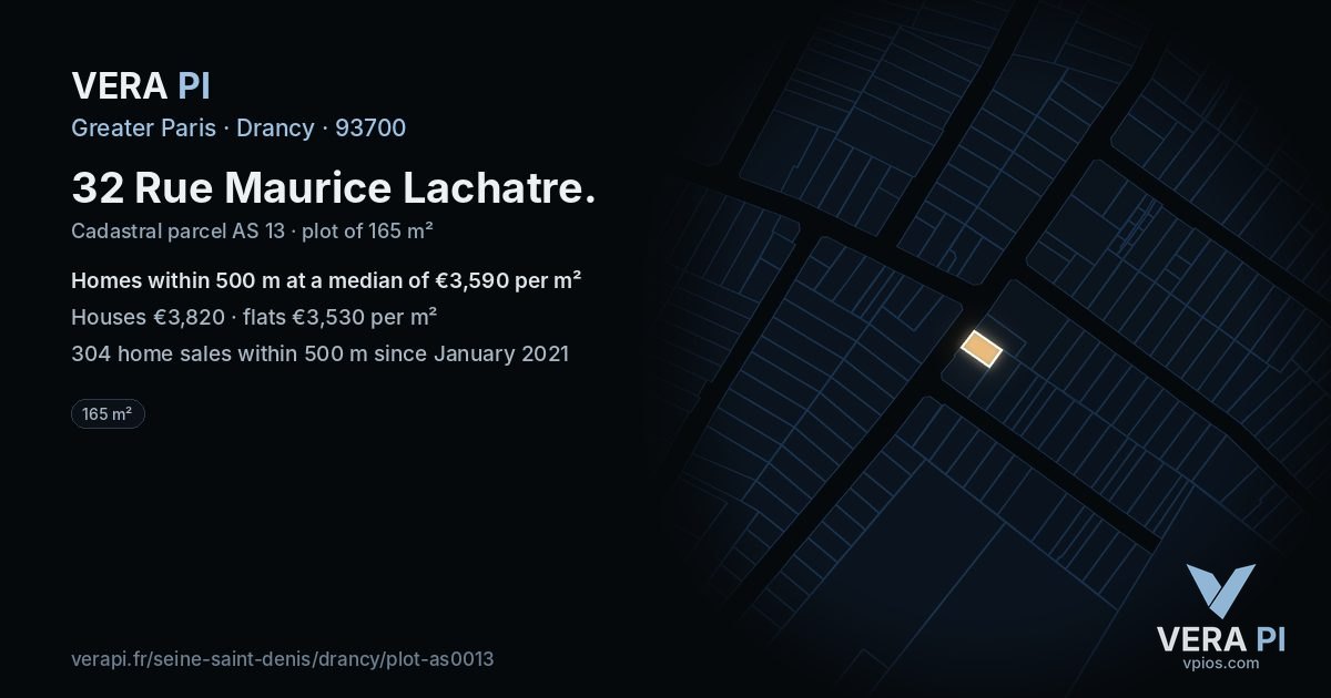 32 Rue Maurice Lachatre, Drancy at night – the plot lit, the parcels around coloured by the prices near them