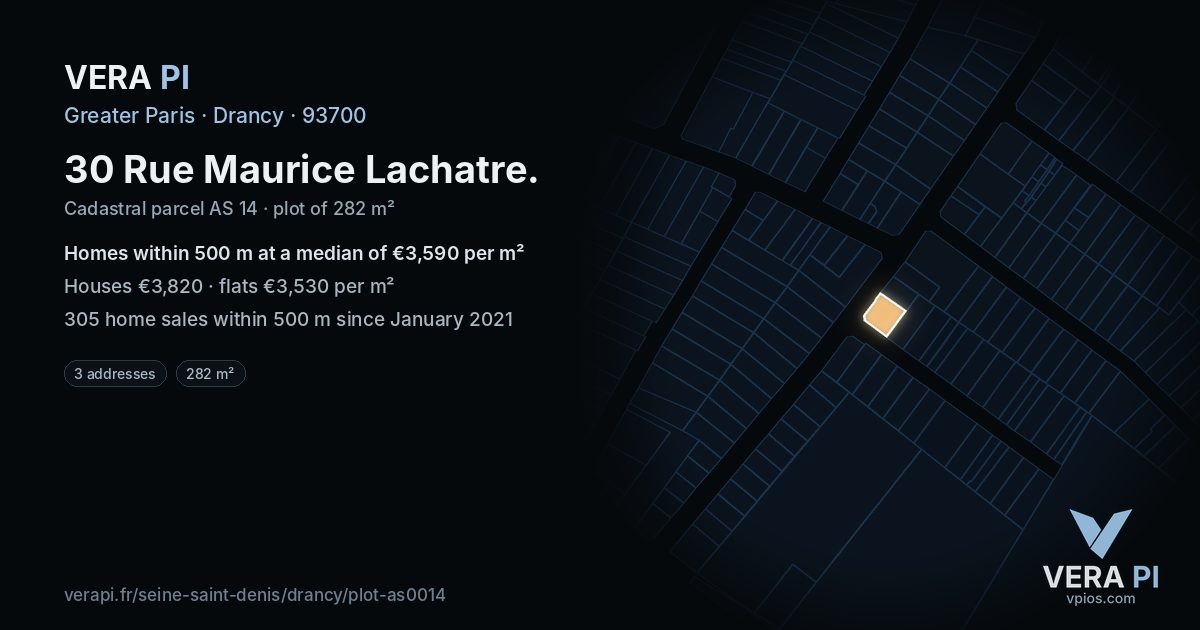 30 Rue Maurice Lachatre, Drancy at night – the plot lit, the parcels around coloured by the prices near them