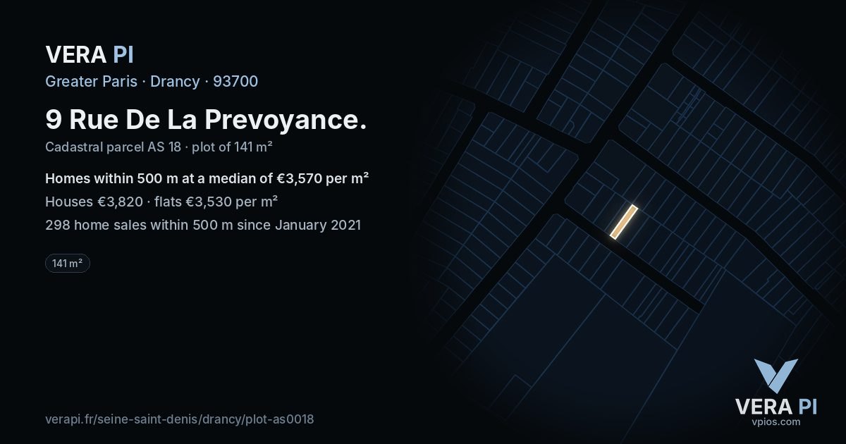 9 Rue De La Prevoyance, Drancy at night – the plot lit, the parcels around coloured by the prices near them