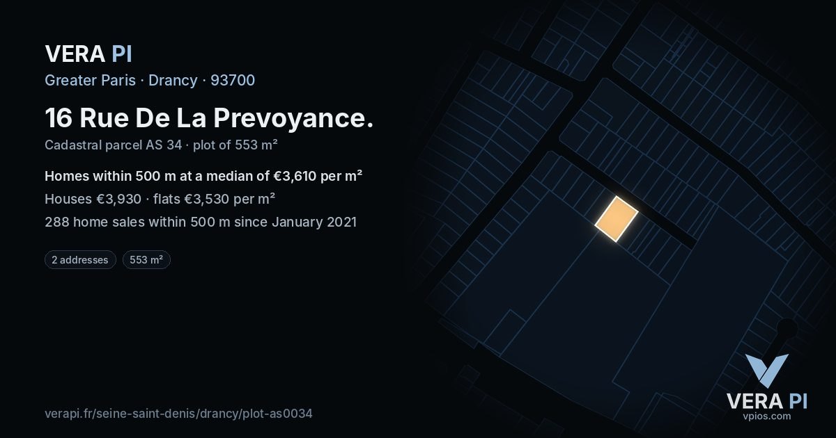 16 Rue De La Prevoyance, Drancy at night – the plot lit, the parcels around coloured by the prices near them