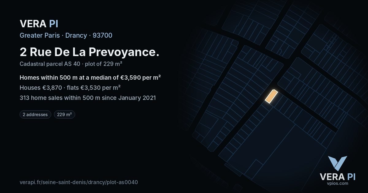2 Rue De La Prevoyance, Drancy at night – the plot lit, the parcels around coloured by the prices near them