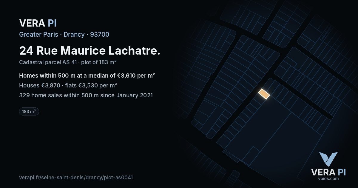 24 Rue Maurice Lachatre, Drancy at night – the plot lit, the parcels around coloured by the prices near them