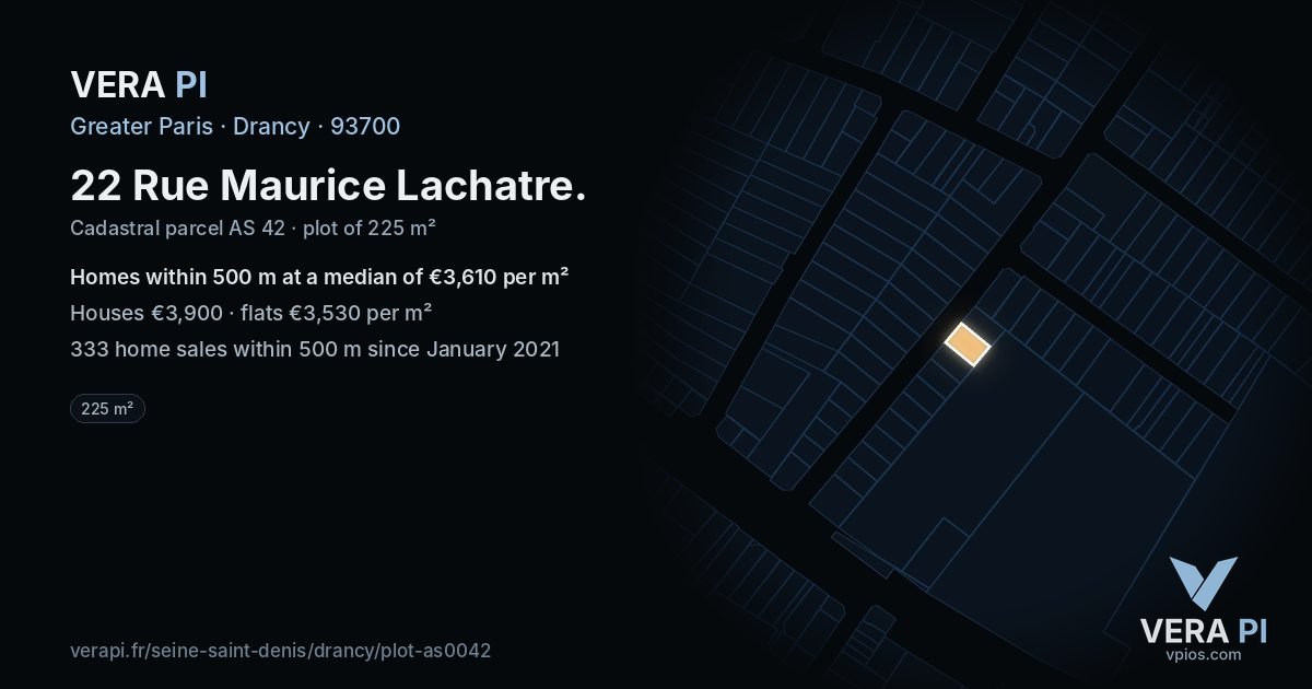 22 Rue Maurice Lachatre, Drancy at night – the plot lit, the parcels around coloured by the prices near them