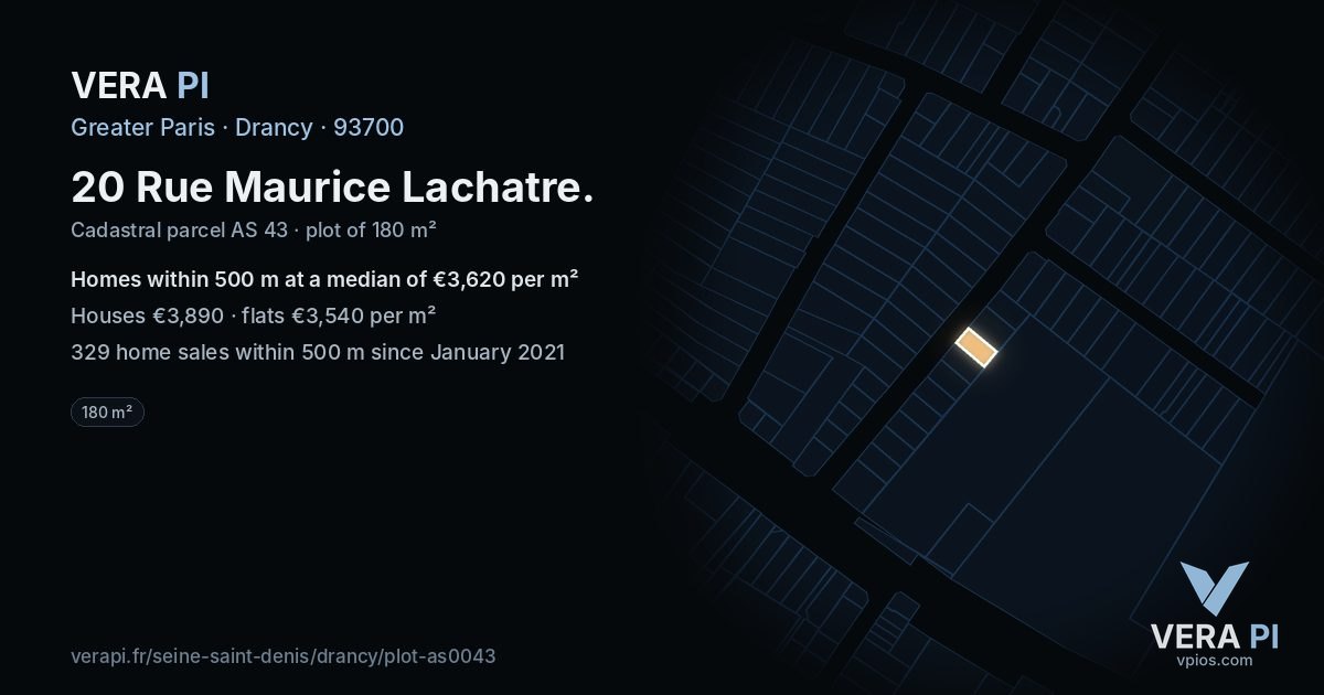 20 Rue Maurice Lachatre, Drancy at night – the plot lit, the parcels around coloured by the prices near them