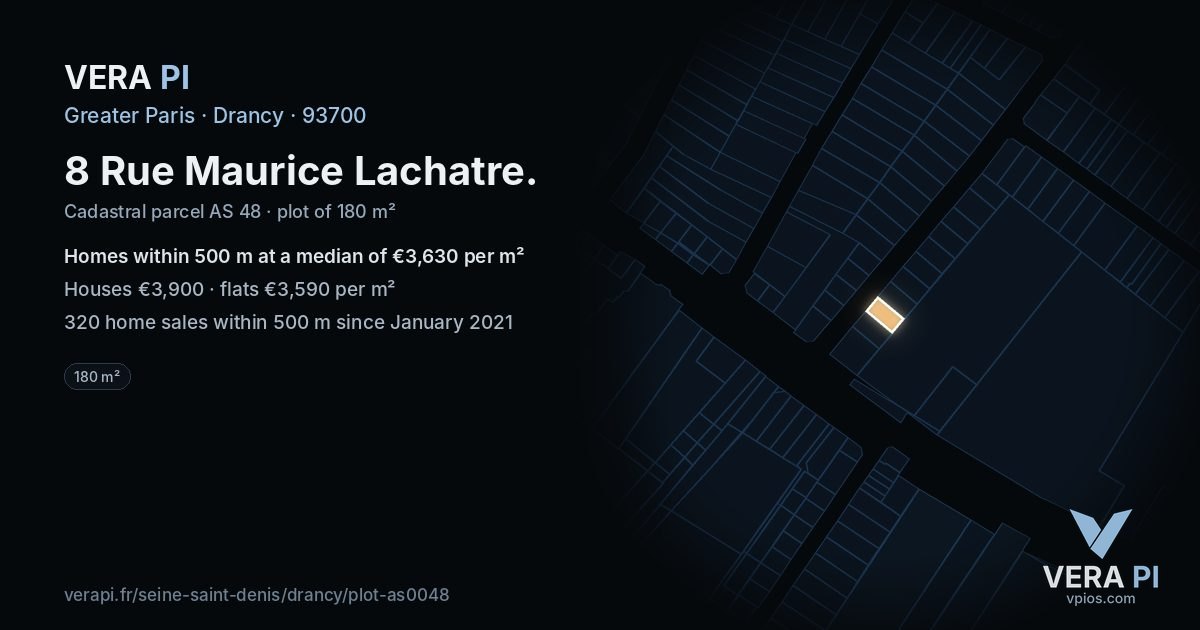 8 Rue Maurice Lachatre, Drancy at night – the plot lit, the parcels around coloured by the prices near them