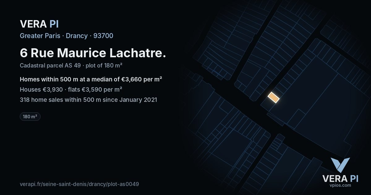 6 Rue Maurice Lachatre, Drancy at night – the plot lit, the parcels around coloured by the prices near them