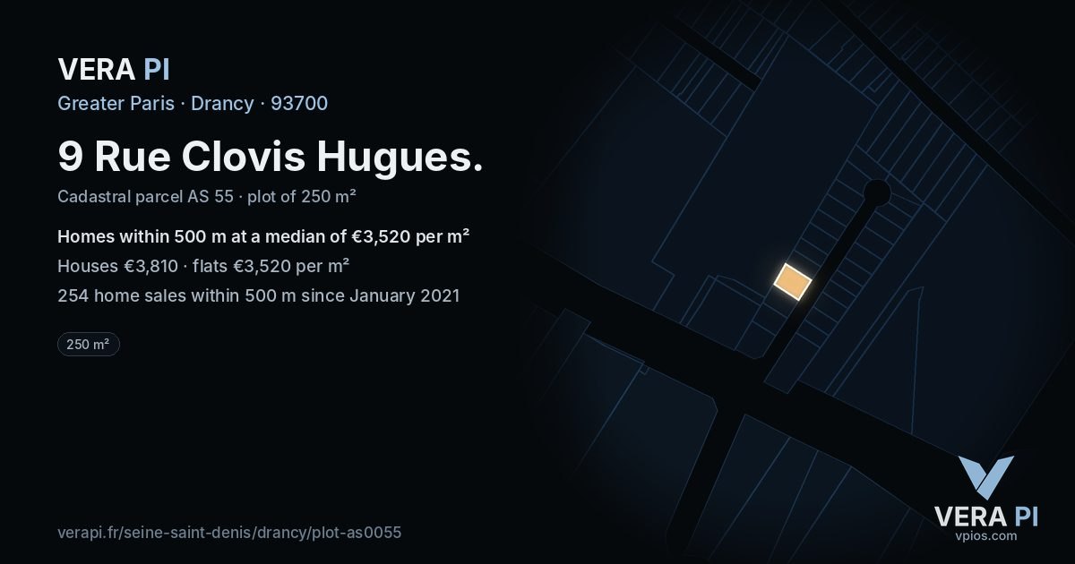 9 Rue Clovis Hugues, Drancy at night – the plot lit, the parcels around coloured by the prices near them