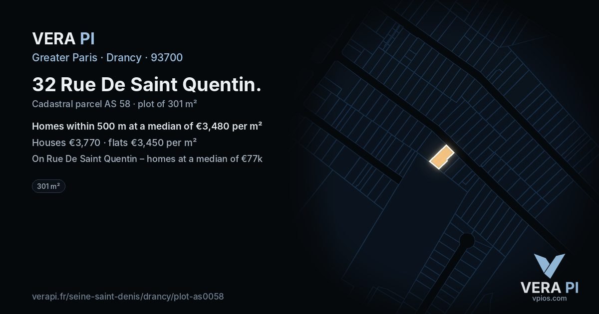 32 Rue De Saint Quentin, Drancy at night – the plot lit, the parcels around coloured by the prices near them