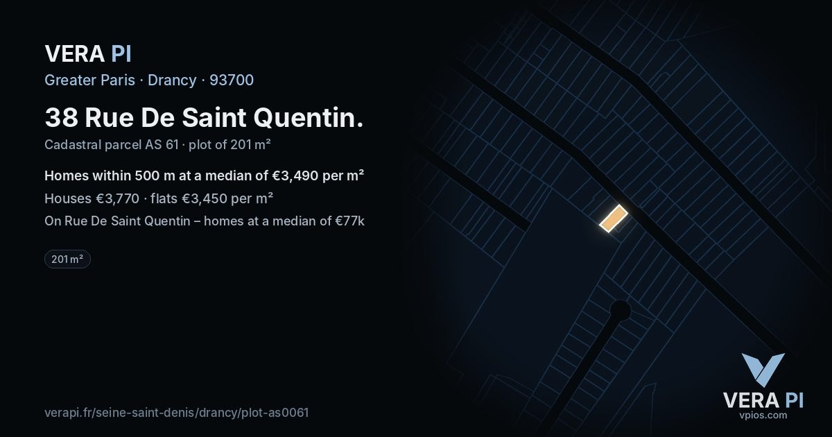38 Rue De Saint Quentin, Drancy at night – the plot lit, the parcels around coloured by the prices near them