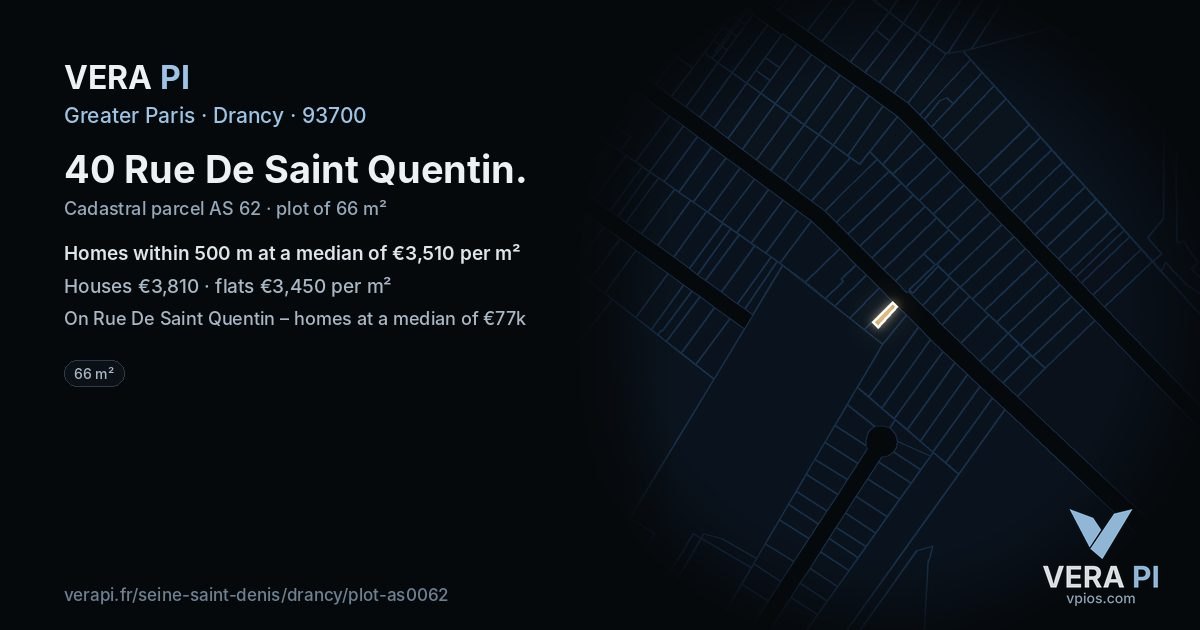40 Rue De Saint Quentin, Drancy at night – the plot lit, the parcels around coloured by the prices near them