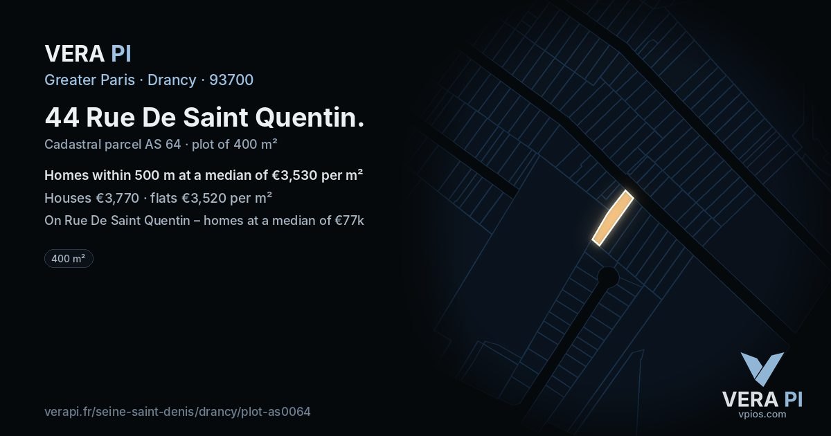 44 Rue De Saint Quentin, Drancy at night – the plot lit, the parcels around coloured by the prices near them