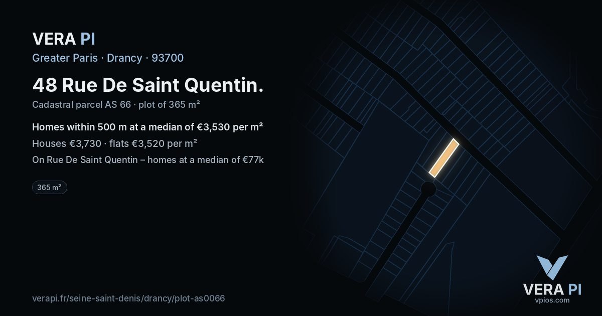 48 Rue De Saint Quentin, Drancy at night – the plot lit, the parcels around coloured by the prices near them
