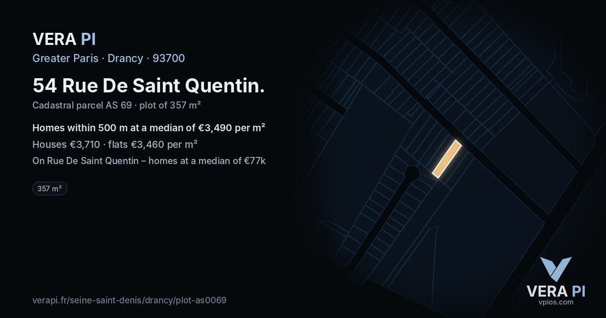 54 Rue De Saint Quentin, Drancy at night – the plot lit, the parcels around coloured by the prices near them
