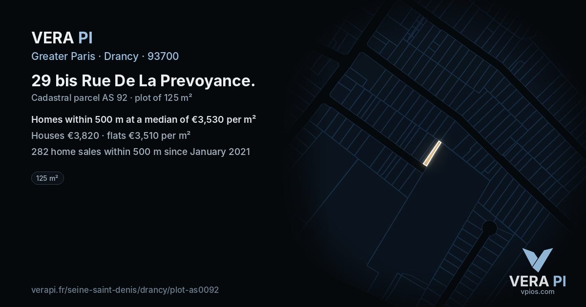 29 bis Rue De La Prevoyance, Drancy at night – the plot lit, the parcels around coloured by the prices near them