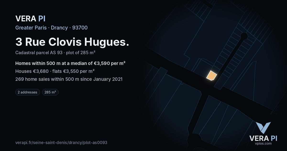 3 Rue Clovis Hugues, Drancy at night – the plot lit, the parcels around coloured by the prices near them