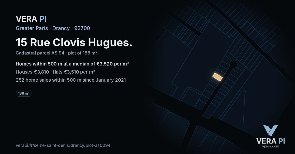 15 Rue Clovis Hugues, Drancy at night – the plot lit, the parcels around coloured by the prices near them