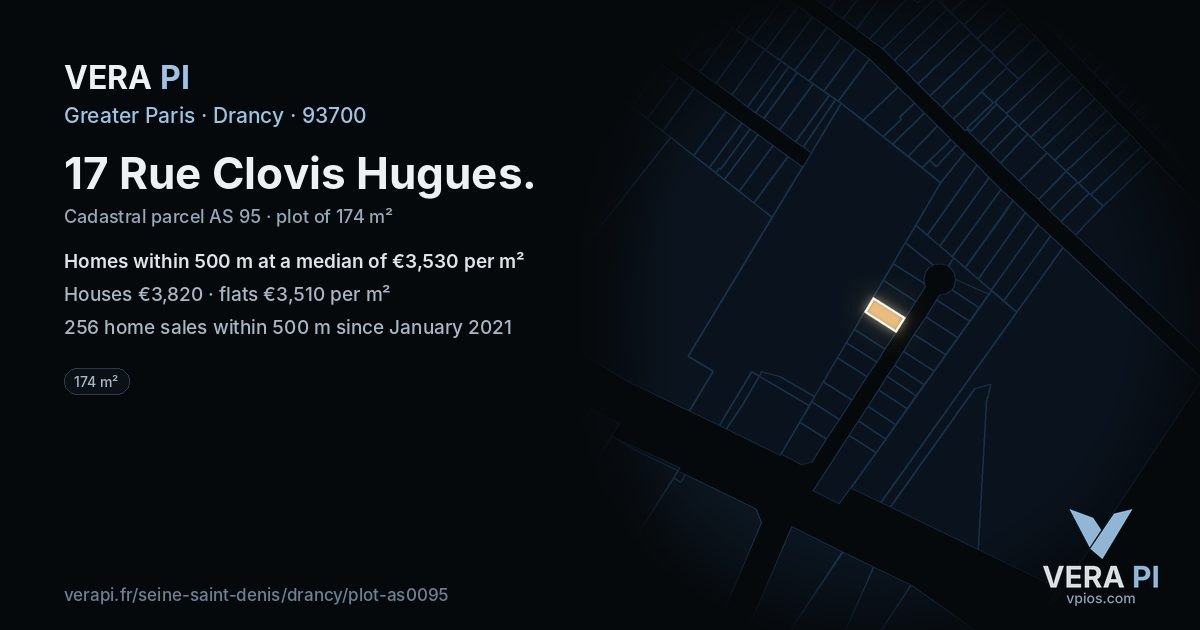 17 Rue Clovis Hugues, Drancy at night – the plot lit, the parcels around coloured by the prices near them