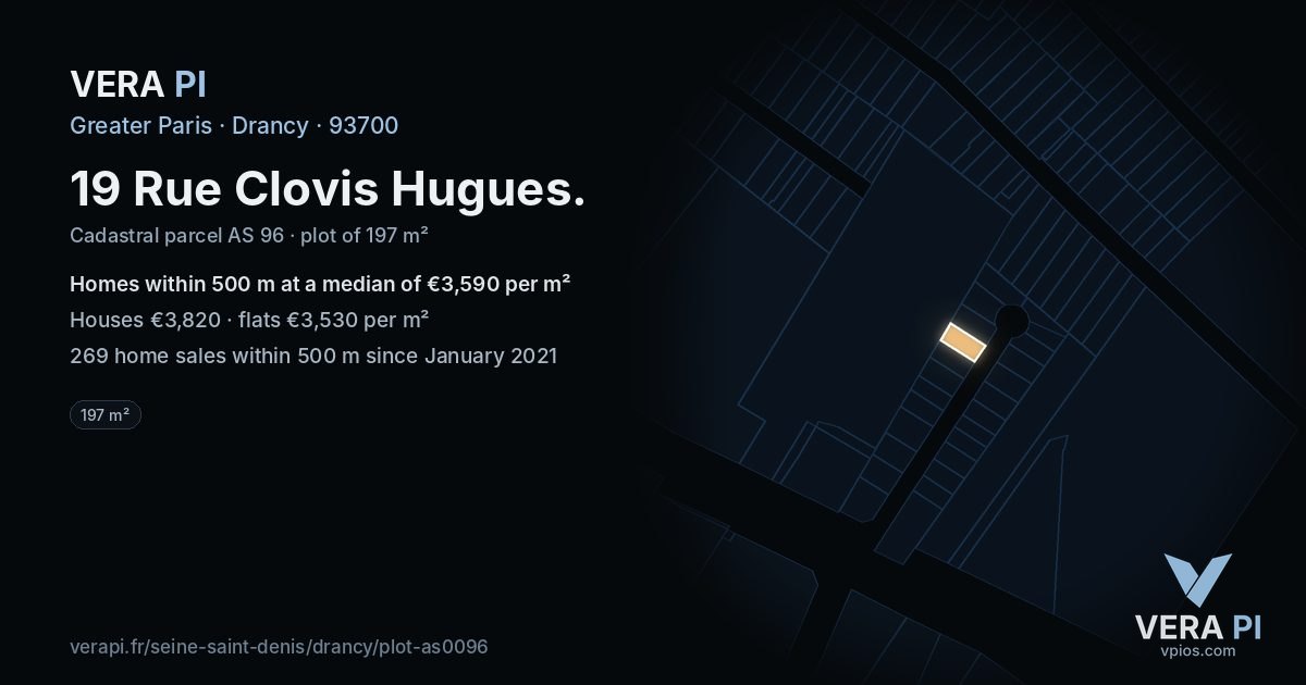 19 Rue Clovis Hugues, Drancy at night – the plot lit, the parcels around coloured by the prices near them