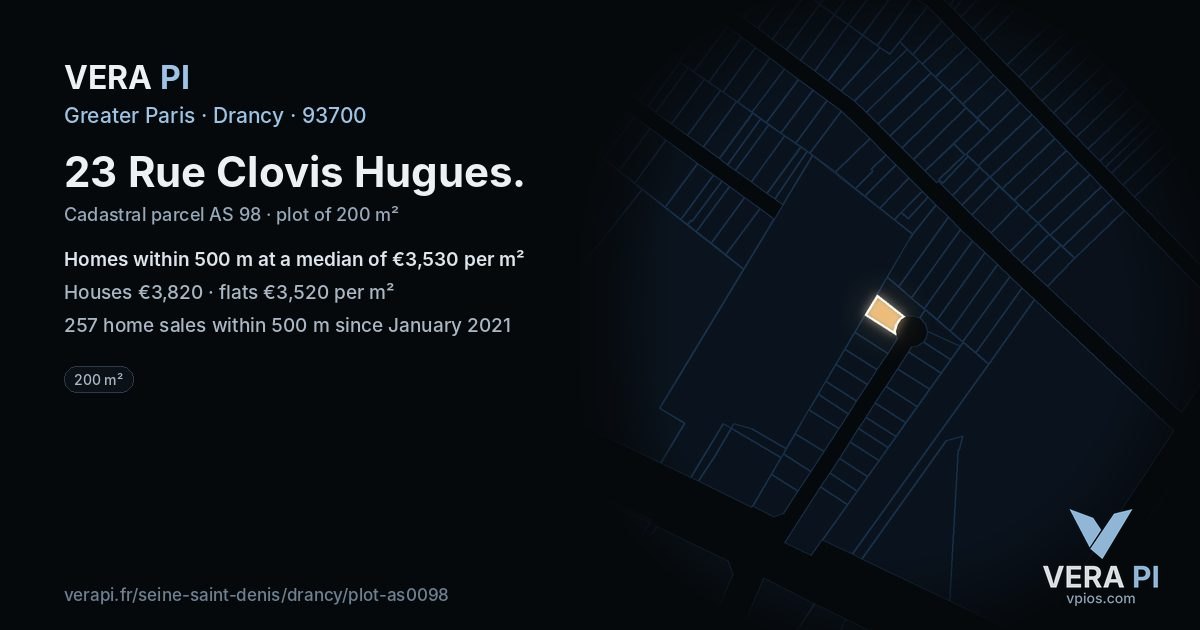 23 Rue Clovis Hugues, Drancy at night – the plot lit, the parcels around coloured by the prices near them