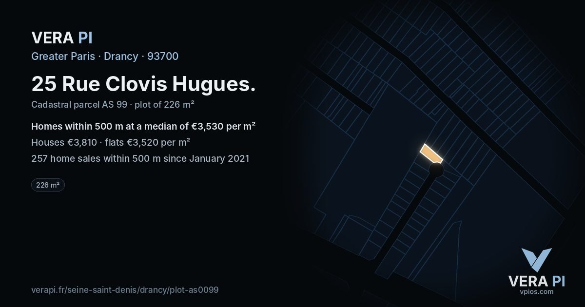 25 Rue Clovis Hugues, Drancy at night – the plot lit, the parcels around coloured by the prices near them