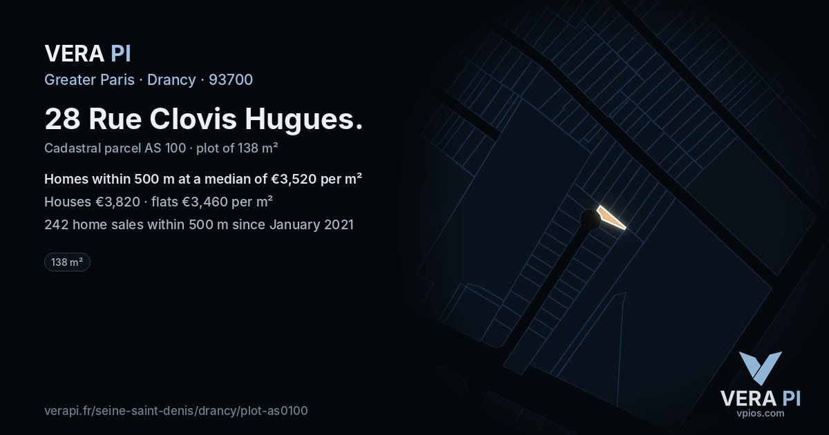 28 Rue Clovis Hugues, Drancy at night – the plot lit, the parcels around coloured by the prices near them