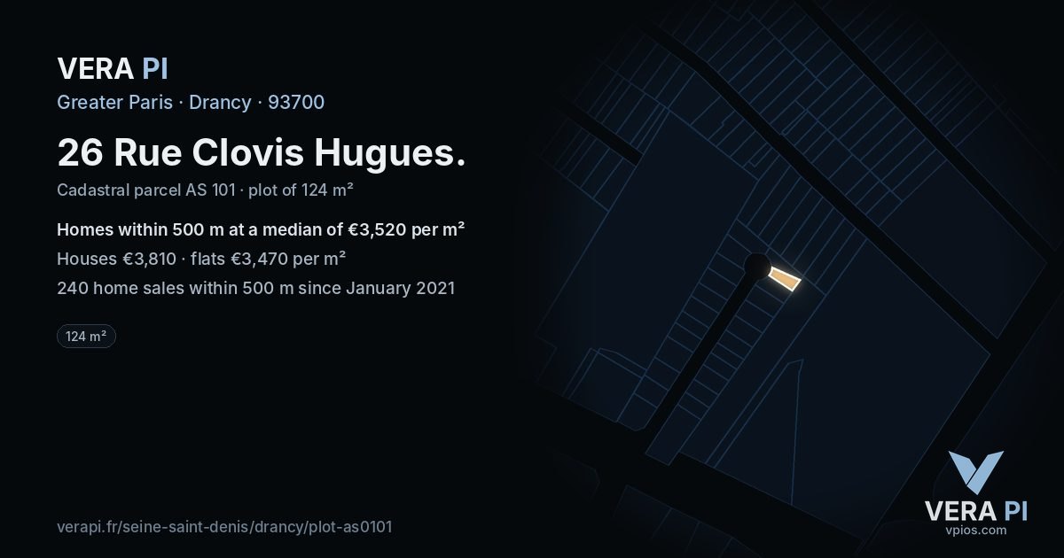 26 Rue Clovis Hugues, Drancy at night – the plot lit, the parcels around coloured by the prices near them
