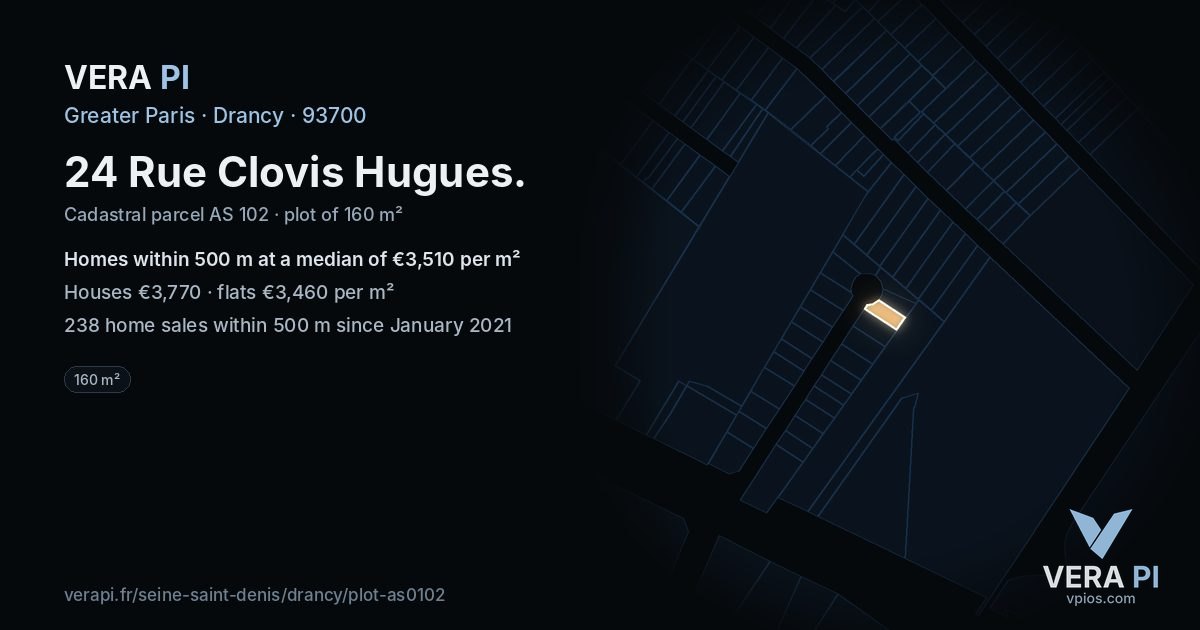 24 Rue Clovis Hugues, Drancy at night – the plot lit, the parcels around coloured by the prices near them