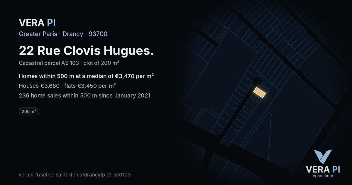 22 Rue Clovis Hugues, Drancy at night – the plot lit, the parcels around coloured by the prices near them