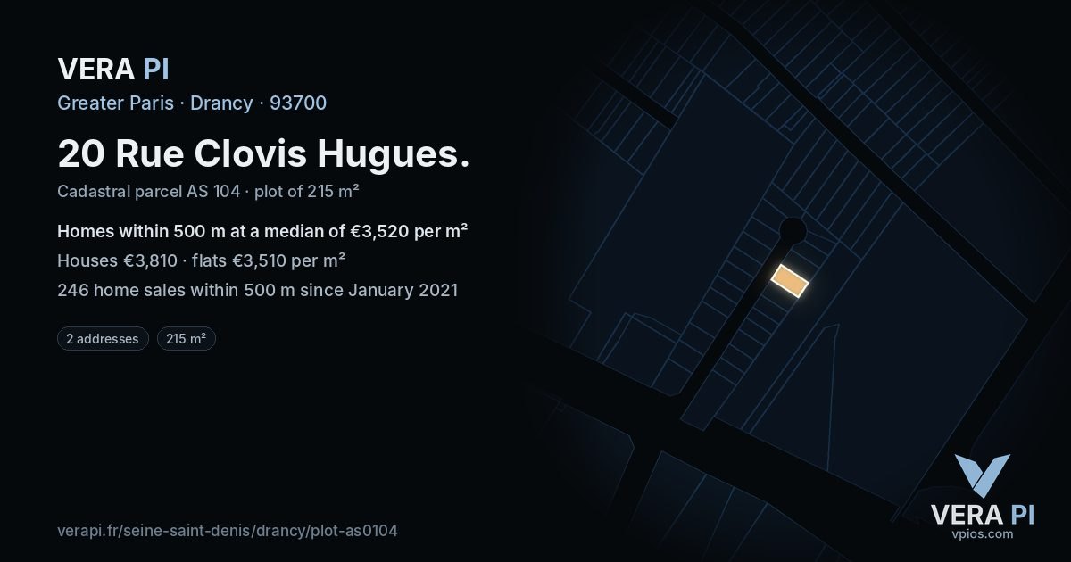 20 Rue Clovis Hugues, Drancy at night – the plot lit, the parcels around coloured by the prices near them
