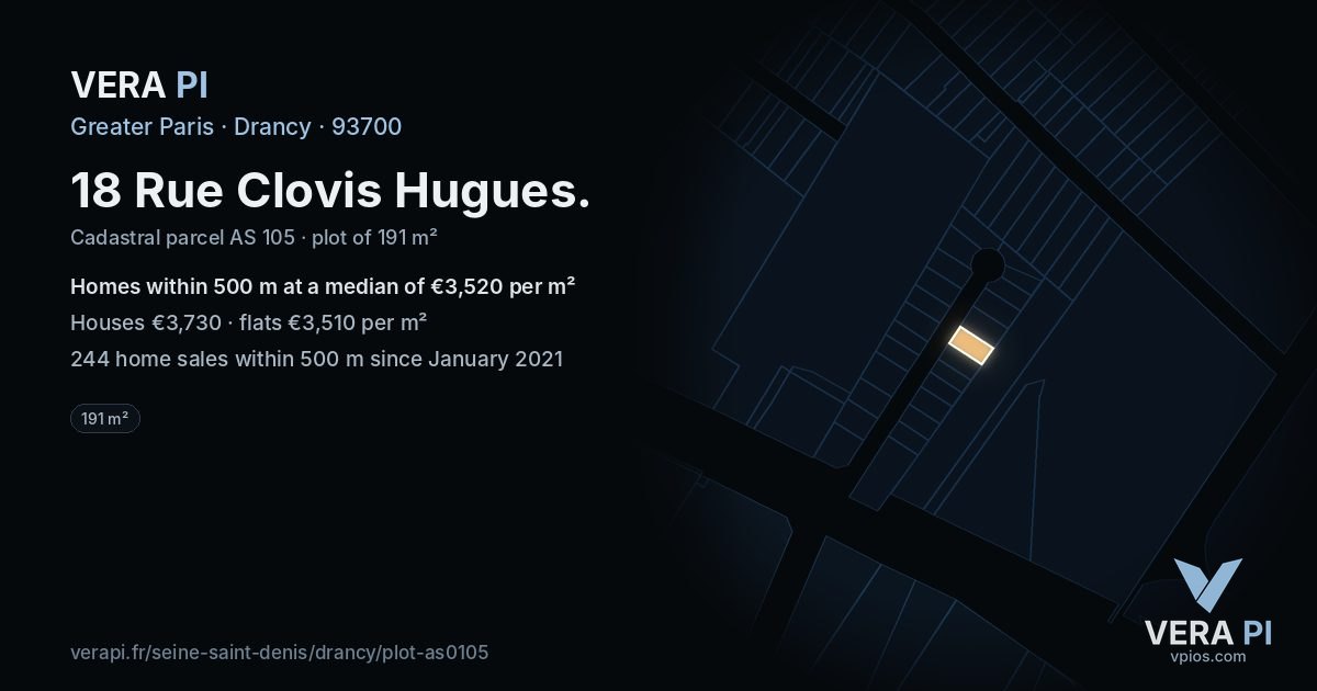 18 Rue Clovis Hugues, Drancy at night – the plot lit, the parcels around coloured by the prices near them