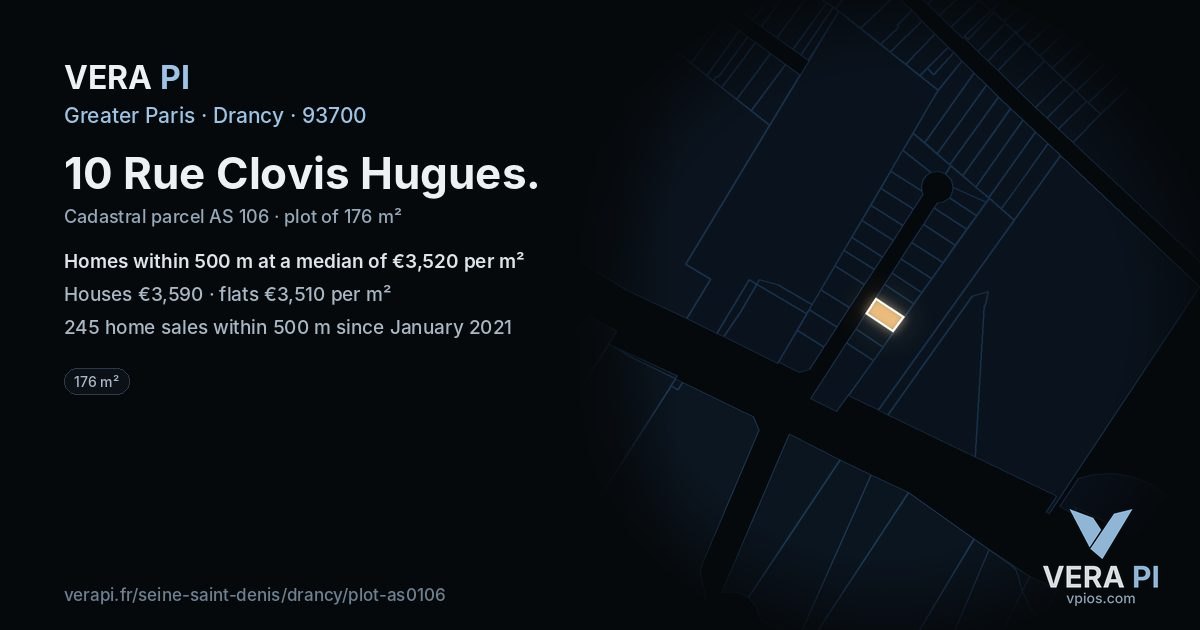10 Rue Clovis Hugues, Drancy at night – the plot lit, the parcels around coloured by the prices near them