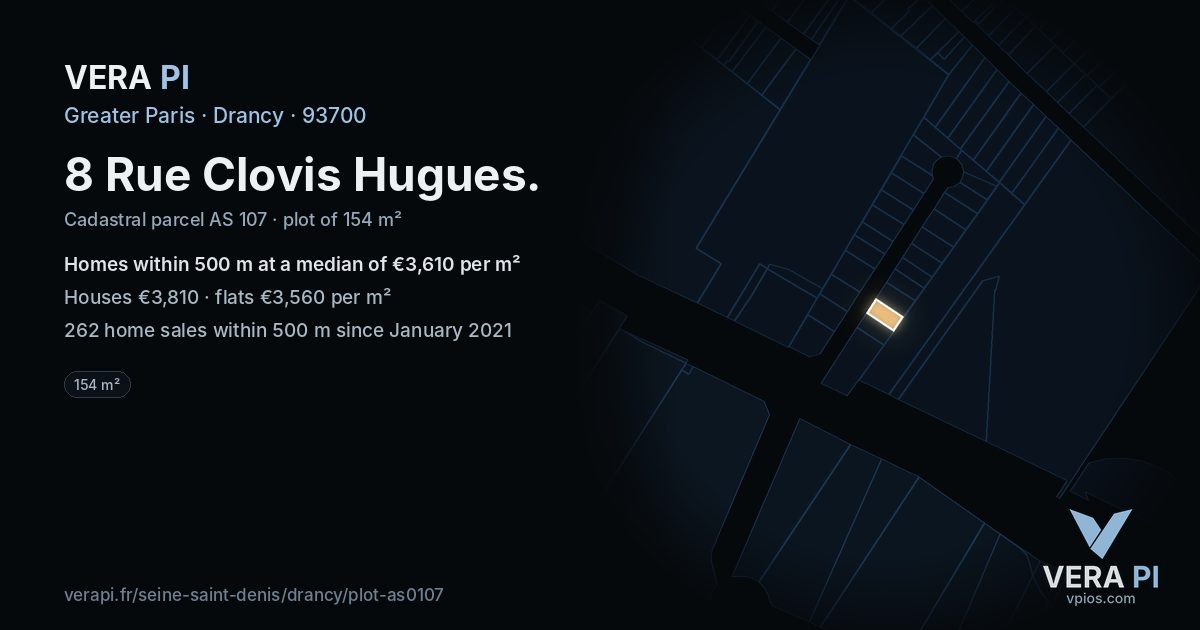 8 Rue Clovis Hugues, Drancy at night – the plot lit, the parcels around coloured by the prices near them