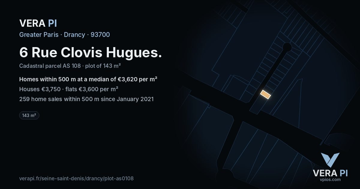 6 Rue Clovis Hugues, Drancy at night – the plot lit, the parcels around coloured by the prices near them
