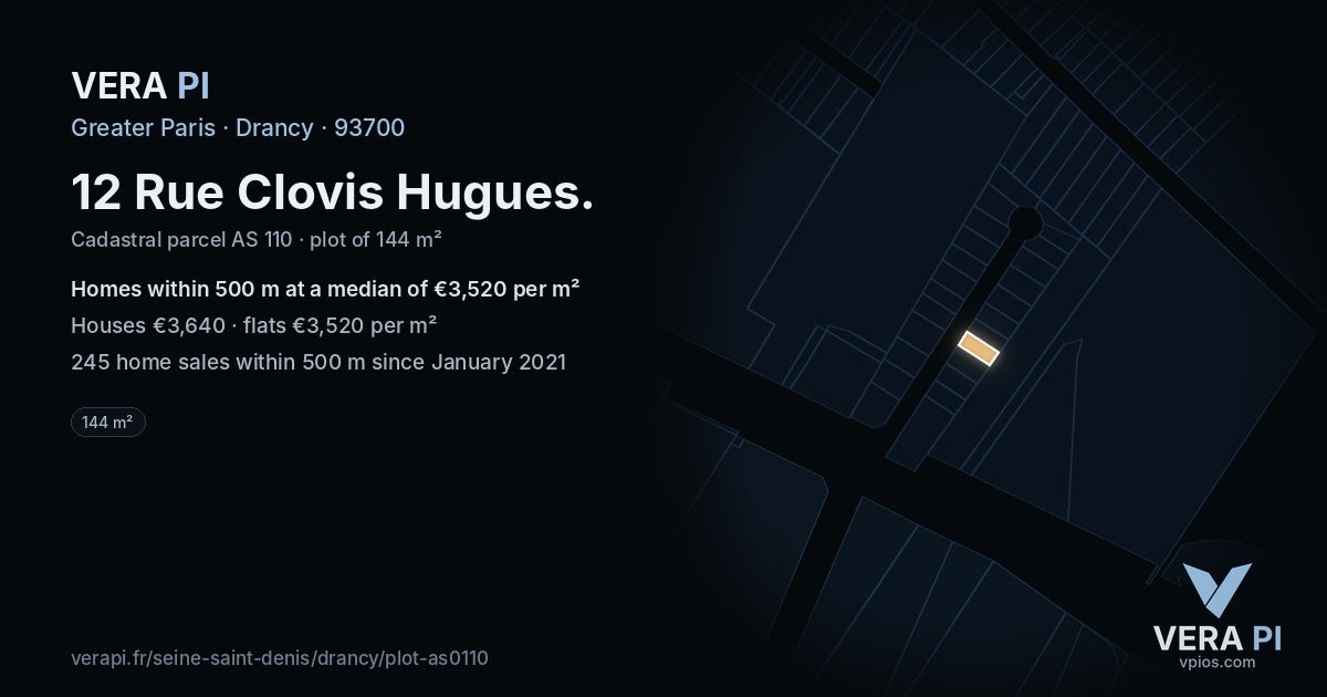 12 Rue Clovis Hugues, Drancy at night – the plot lit, the parcels around coloured by the prices near them