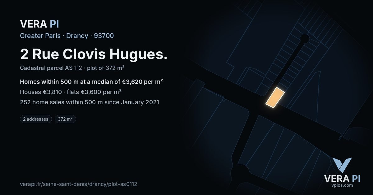2 Rue Clovis Hugues, Drancy at night – the plot lit, the parcels around coloured by the prices near them