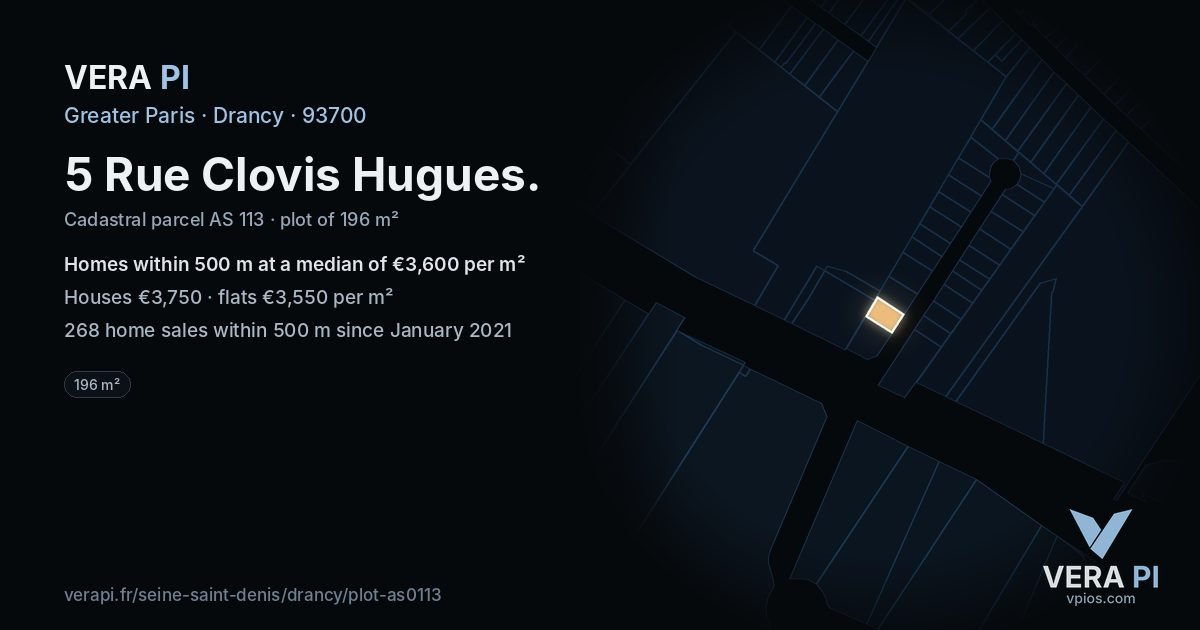 5 Rue Clovis Hugues, Drancy at night – the plot lit, the parcels around coloured by the prices near them