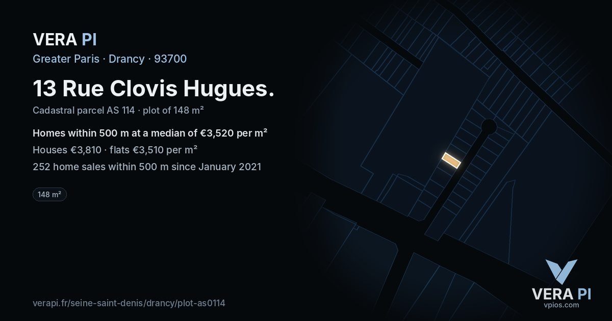 13 Rue Clovis Hugues, Drancy at night – the plot lit, the parcels around coloured by the prices near them