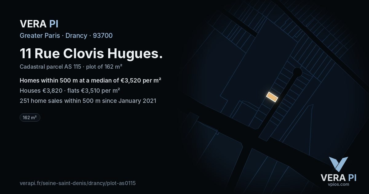 11 Rue Clovis Hugues, Drancy at night – the plot lit, the parcels around coloured by the prices near them