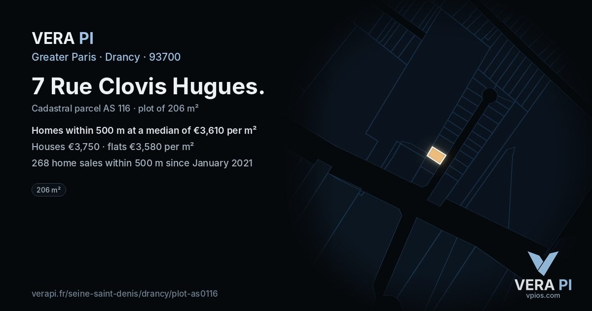 7 Rue Clovis Hugues, Drancy at night – the plot lit, the parcels around coloured by the prices near them