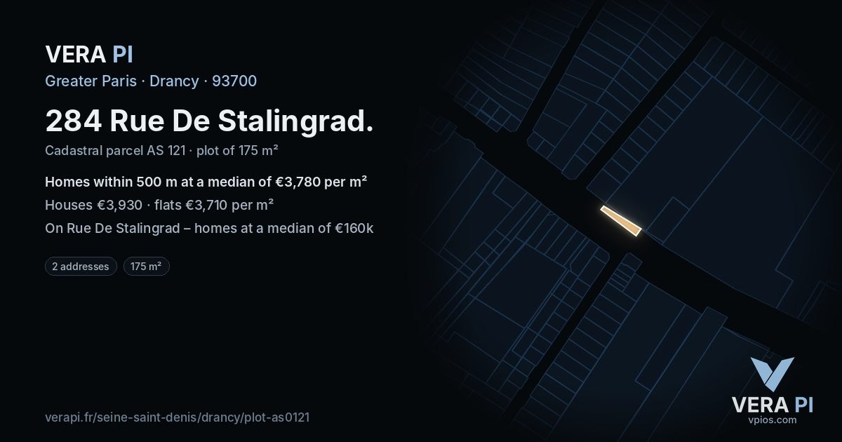 284 Rue De Stalingrad, Drancy at night – the plot lit, the parcels around coloured by the prices near them