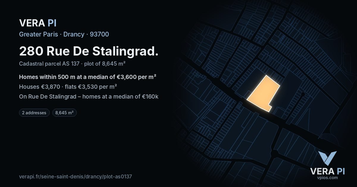 280 Rue De Stalingrad, Drancy at night – the plot lit, the parcels around coloured by the prices near them