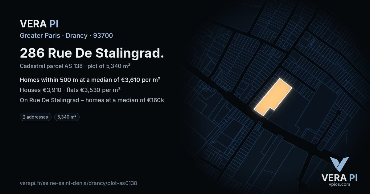 286 Rue De Stalingrad, Drancy at night – the plot lit, the parcels around coloured by the prices near them