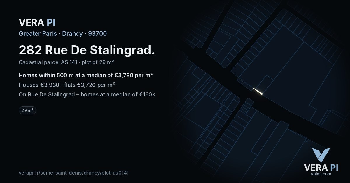 282 Rue De Stalingrad, Drancy at night – the plot lit, the parcels around coloured by the prices near them